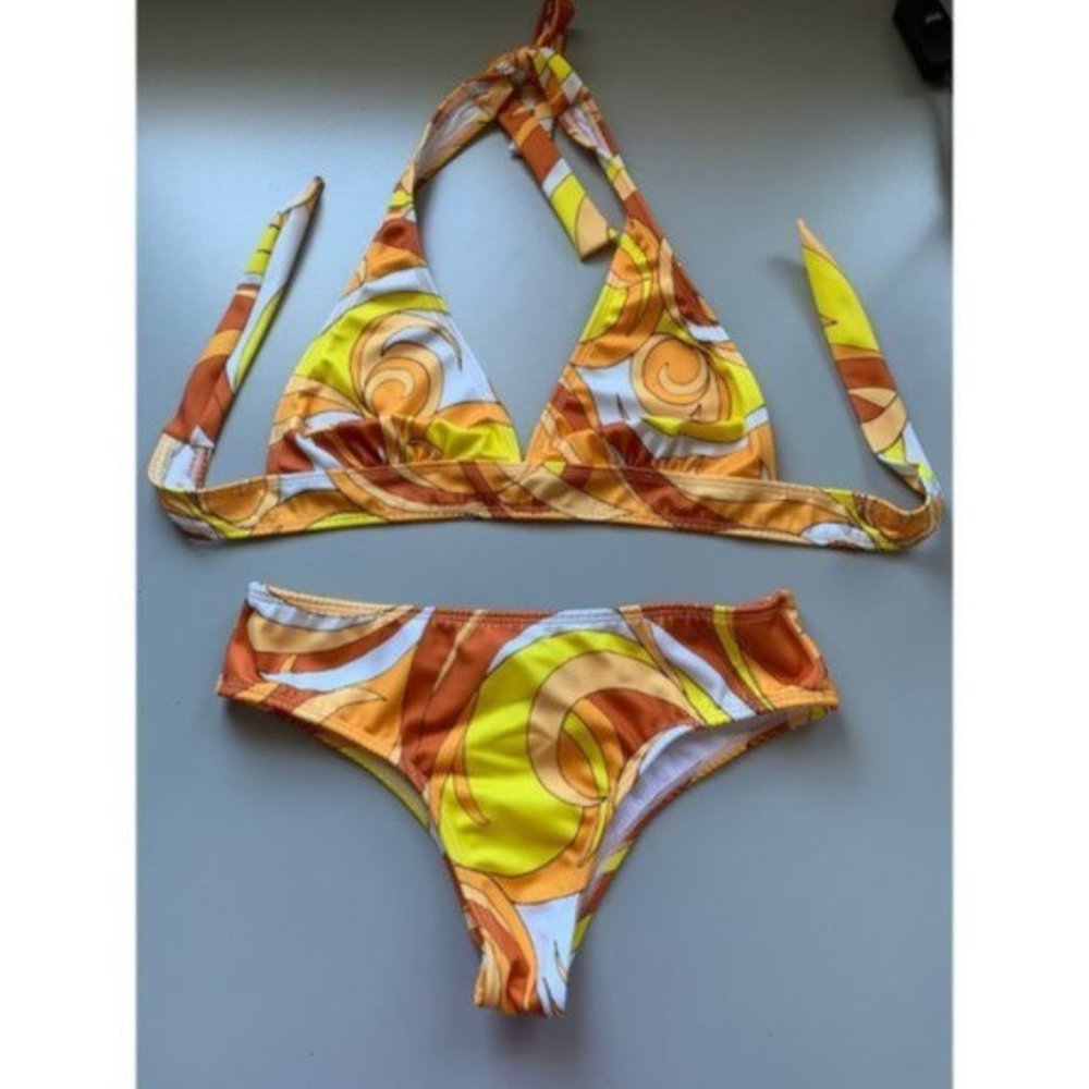 Graphic Print Halter Tie Back Bikini
